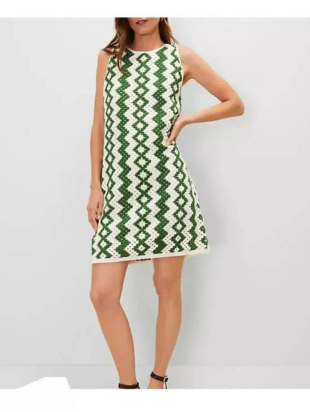 Ann Taylor green white crochet knit round neck sleeveless shift dress size S new - Picture 3 of 3